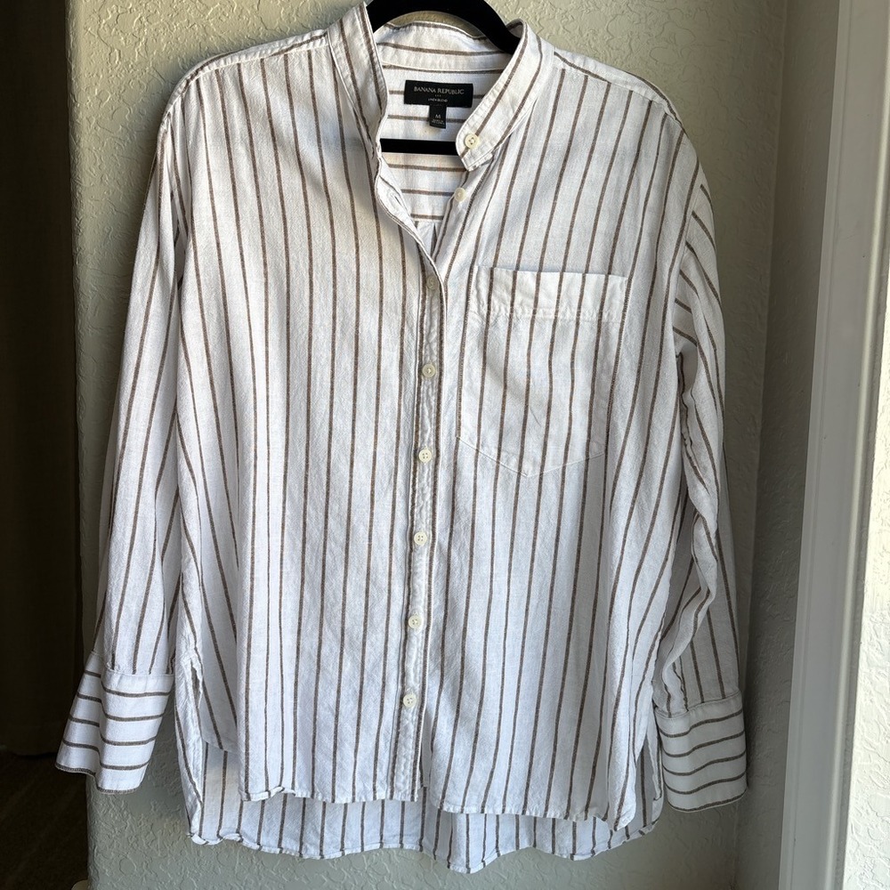 Banana Republic Women M Button Down Shirt White Brown Striped Linen Blend Boho
